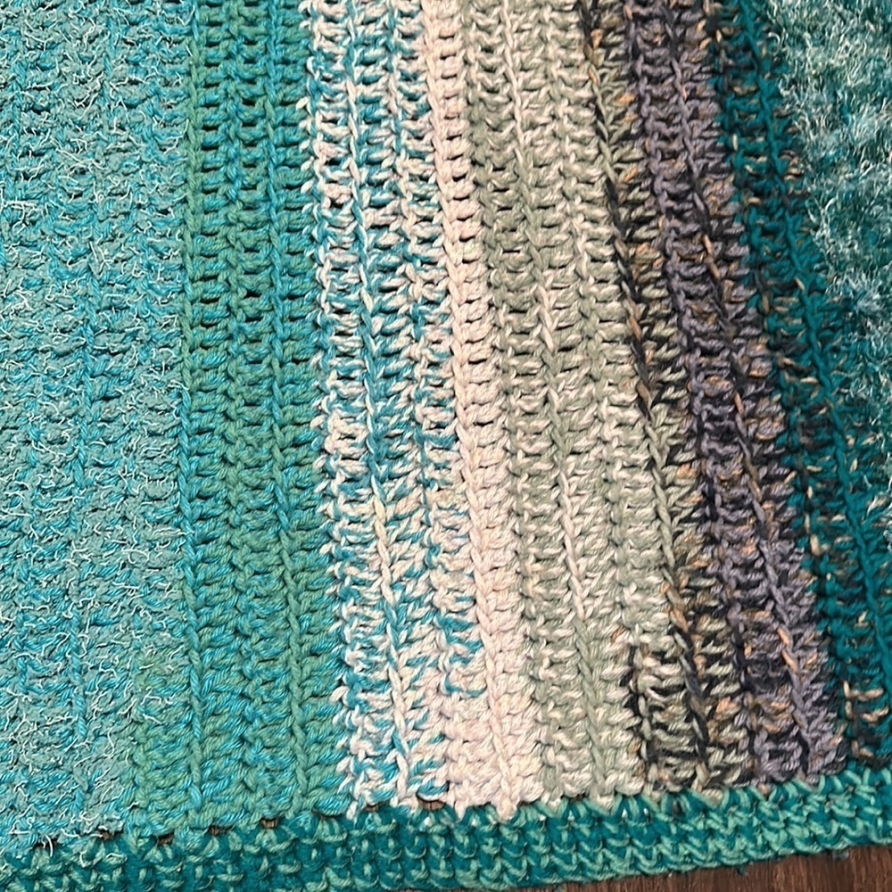 Hand made crocheted striped shades of blue heavy knit throw small blanket - Picture 5 of 7